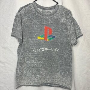 PlayStation Graphic T-Shirt Gray | PS Logo Japanese Text Gaming Tee Size M